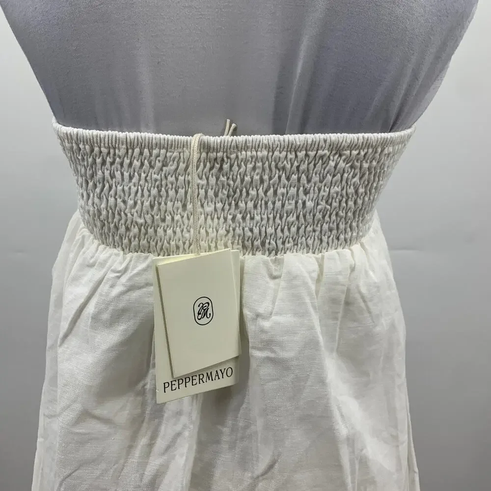 Peppermayo Dress Womens 0 White Dylan Babydoll Linen Blend Smocked Lined Mini